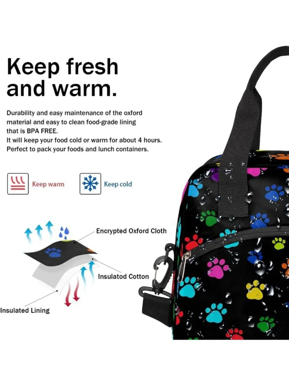 Colorful Paw Print Insulated Lunch Bag | Waterproof Cooler Handbag with